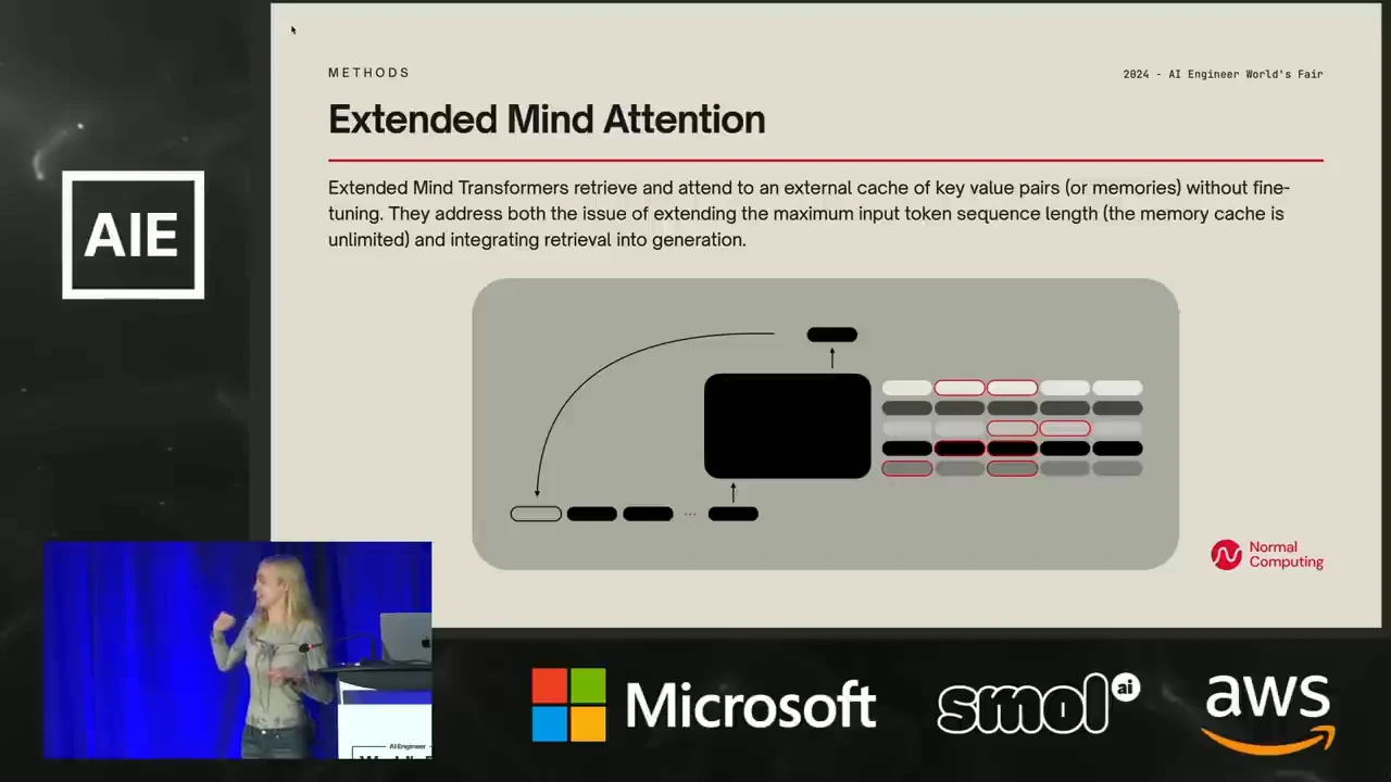 Extended Mind Attention slide showing input tokens, a black model block, and rows of cached tokens with selected entries outlined in red.
