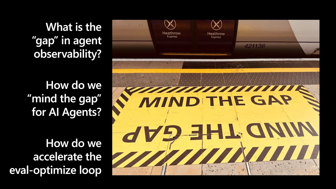 A train platform marked MIND THE GAP beside three questions about agent observability, AI agents, and accelerating the eval-optimize loop.
