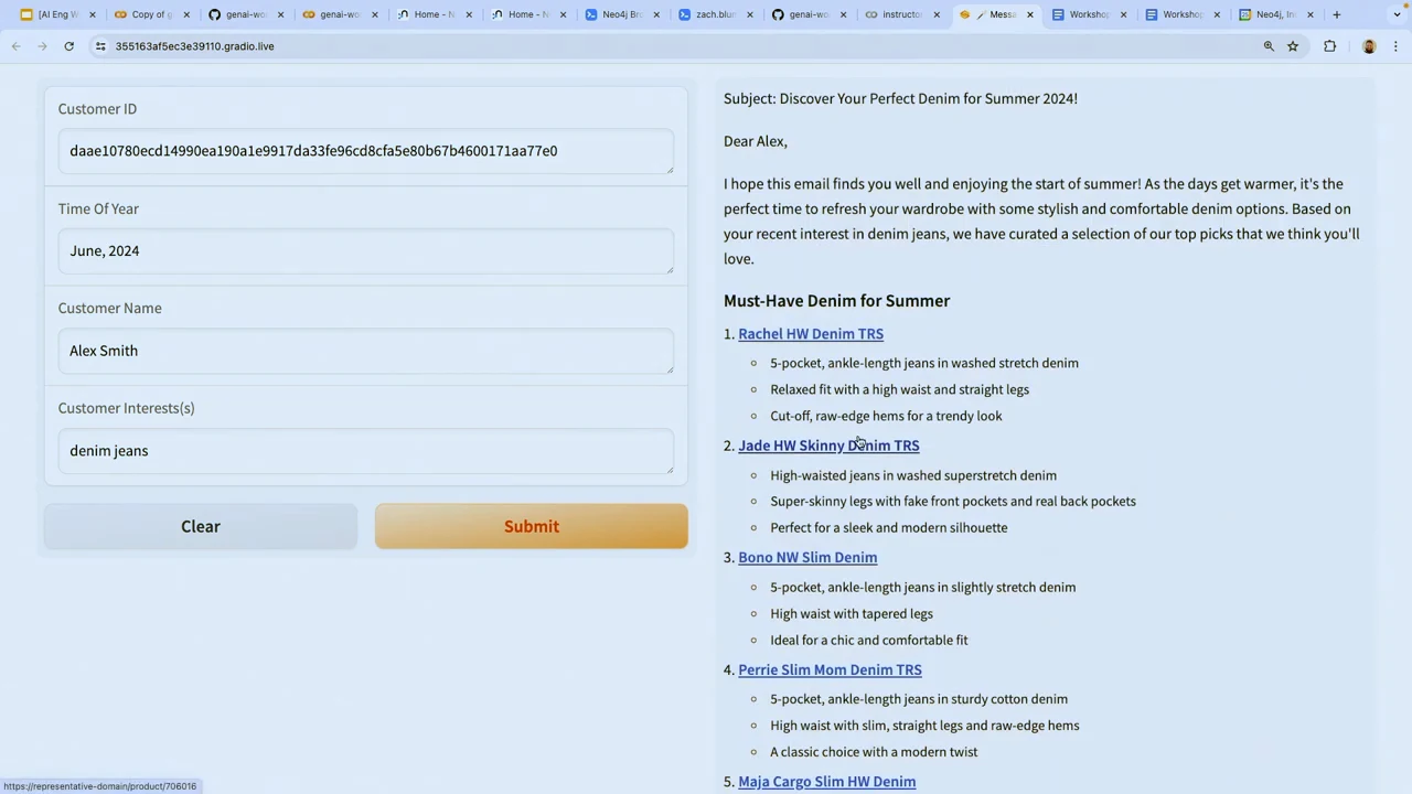 Gradio form showing Alex Smith, June 2024, and denim jeans beside a generated email with linked product recommendations.