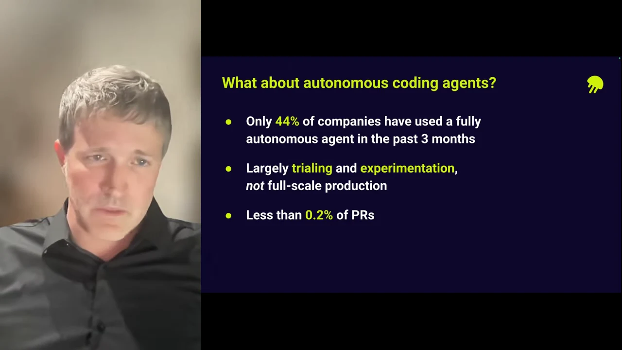Speaker beside a slide stating that only 44% of companies used a fully autonomous agent in the past three months, largely for trialing and experimentation rather than full-scale production, accounting for less than 0.2% of PRs.