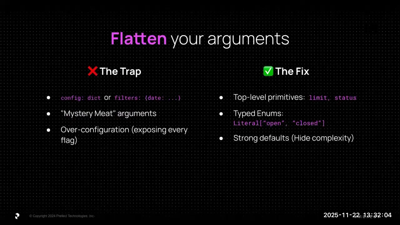 “Flatten your arguments” slide contrasting configuration dictionaries, mystery arguments, and over-configuration with primitives, typed enums, and strong defaults.
