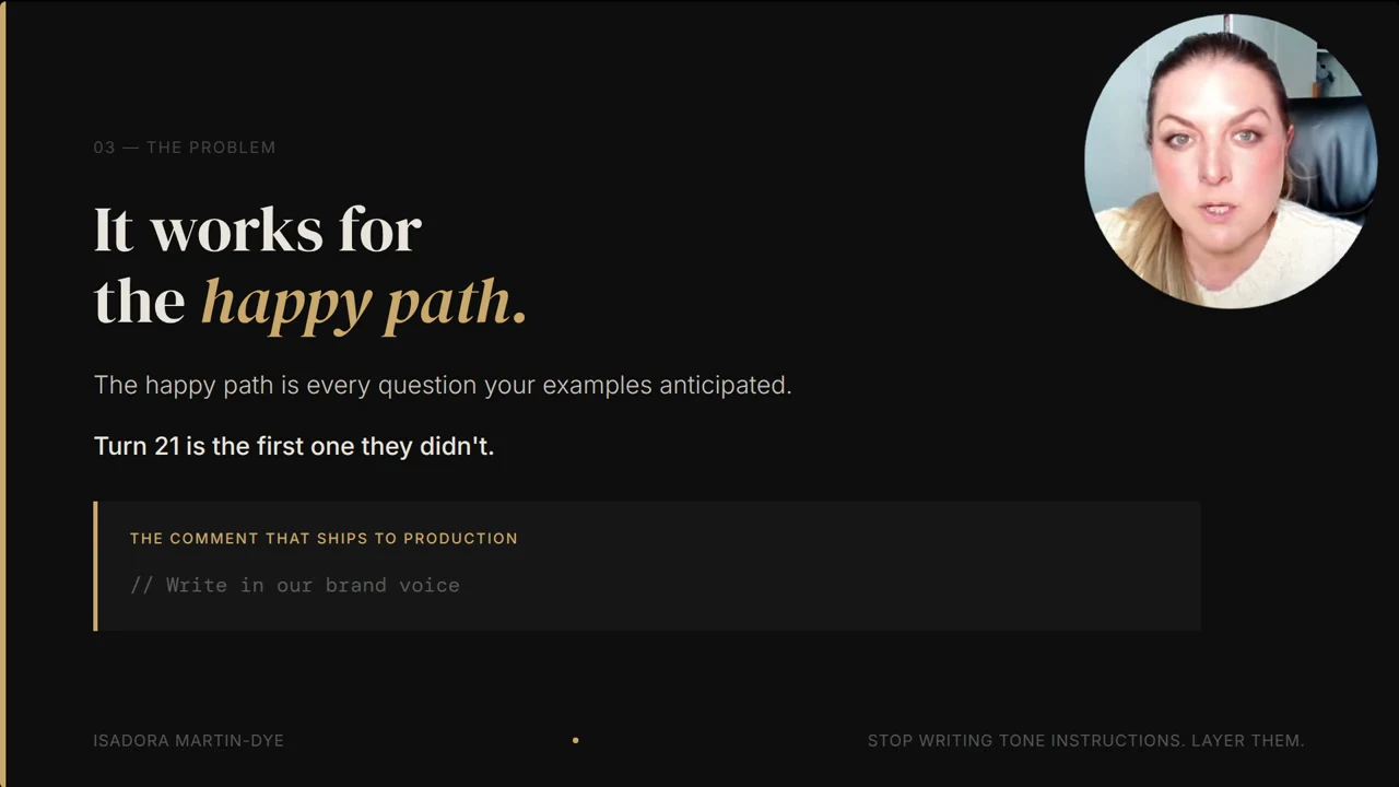 Slide titled “It works for the happy path,” with text about turn 21 and a code comment reading “Write in our brand voice.”