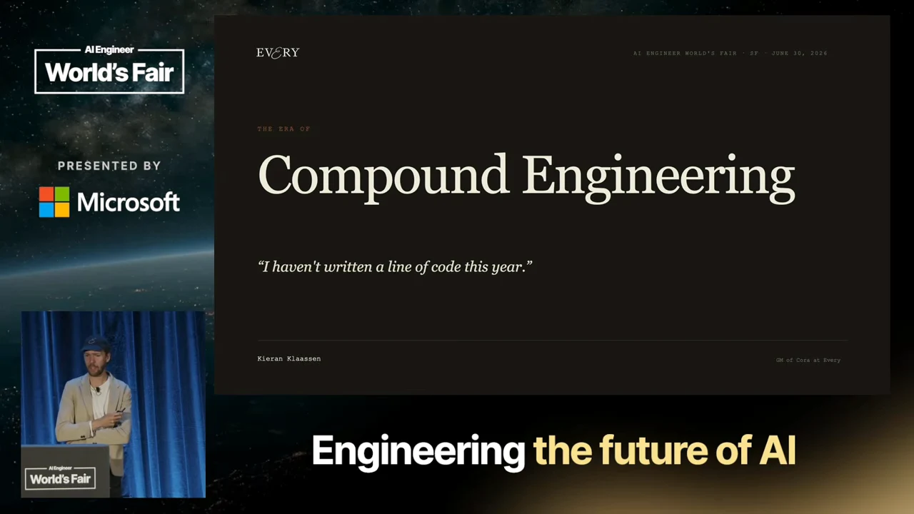Dark title slide reading “Compound Engineering” with the quote “I haven’t written a line of code this year,” alongside the speaker inset.