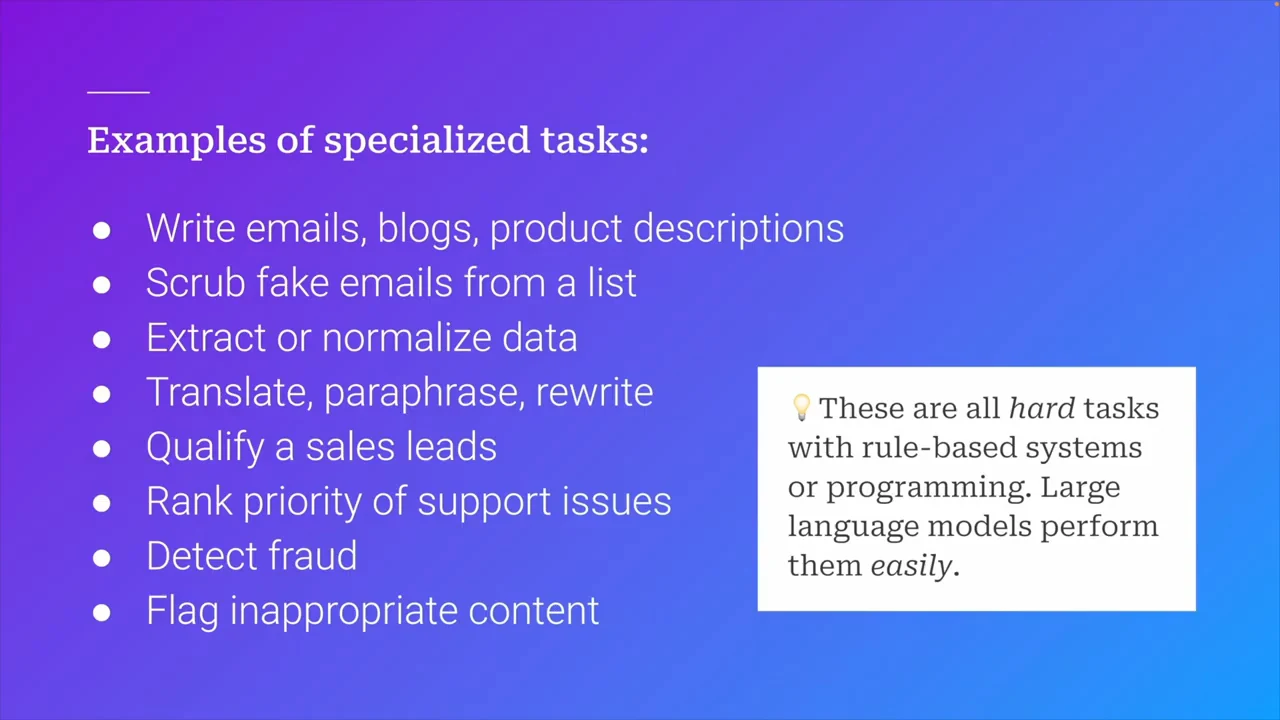 Slide lists eight specialized tasks, with a callout describing them as hard for rule-based systems or programming and easy for large language models.