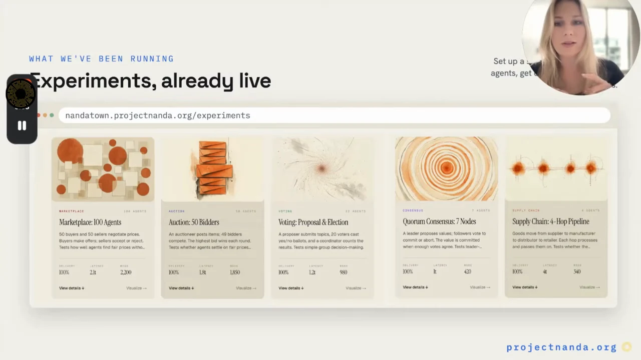 Slide titled “Experiments, already live” showing five illustrated experiment cards in the NandaTown interface, with the presenter inset at upper right.