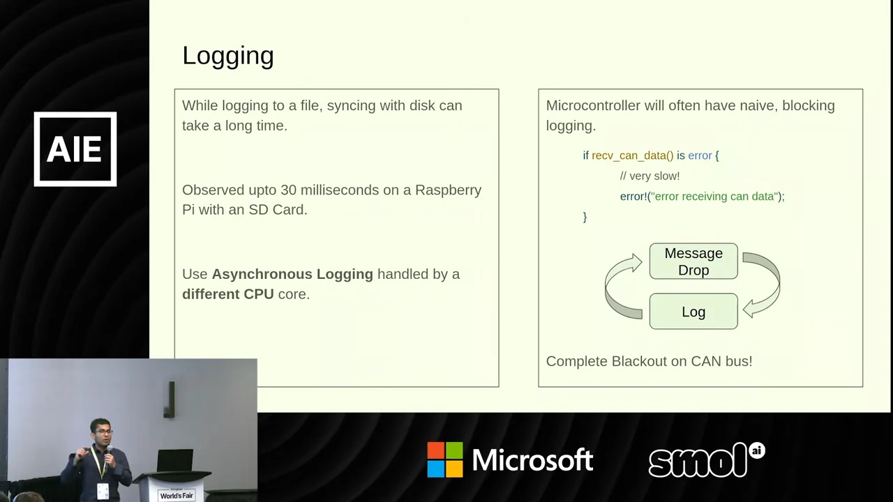 Logging slide describing disk synchronization delays, up to 30 milliseconds on a Raspberry Pi with an SD card, and asynchronous logging on another CPU core. A second panel shows a Message Drop and Log feedback cycle.