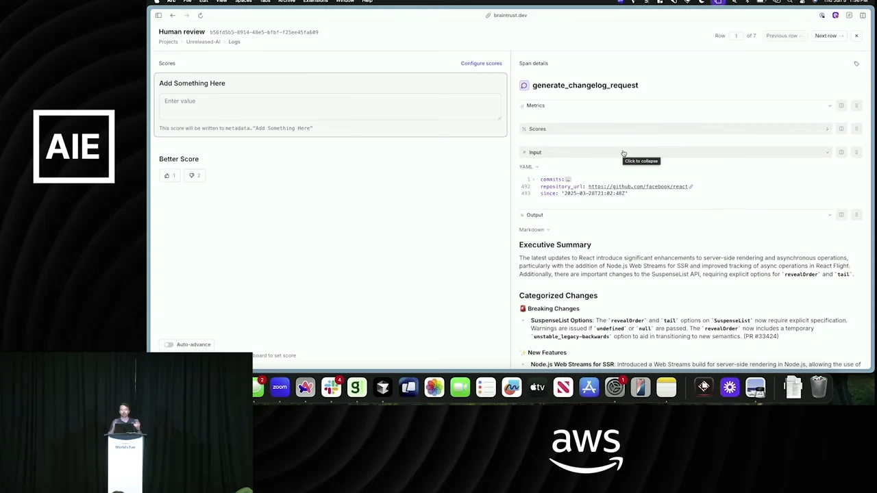 Human review interface with score fields on the left and span details, input, and generated changelog output on the right.