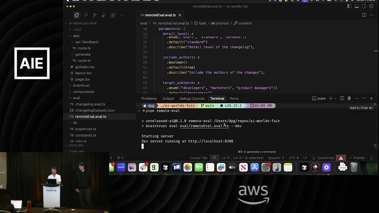 Code editor shows detail level, include authors, and target audience parameters; the terminal reports a running development server at localhost:8300.