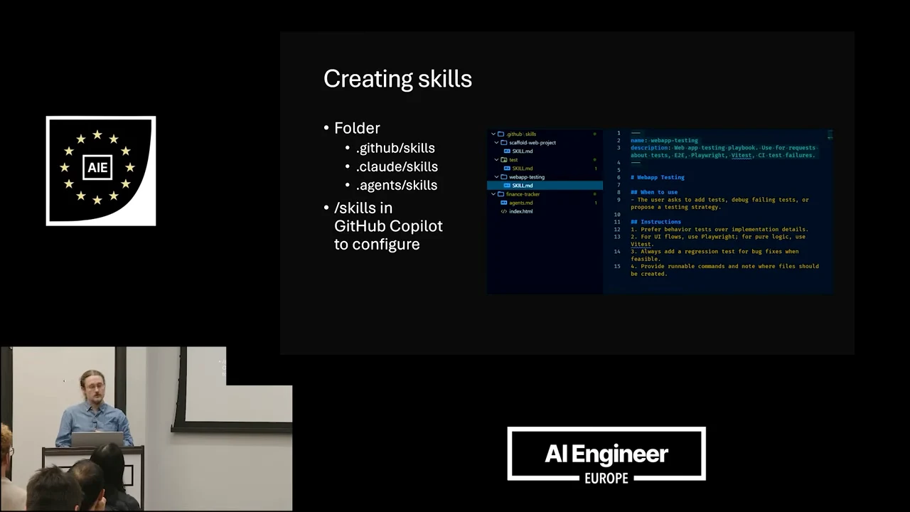 Creating skills slide listing .github/skills, .claude/skills, and .agents/skills, plus /skills in GitHub Copilot, beside an editor screenshot.