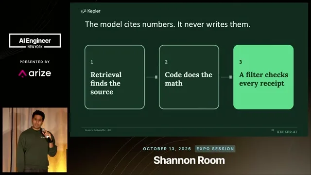Kepler separates retrieval, deterministic arithmetic and a filter that checks numerical citations.