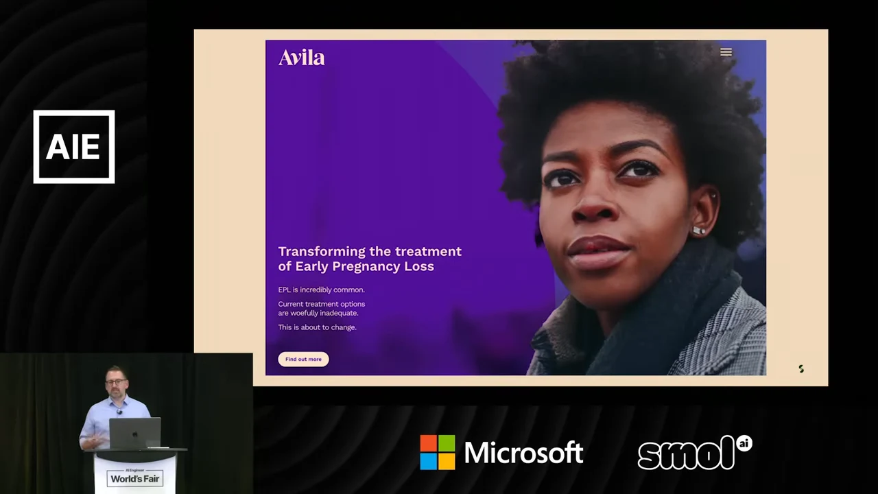 Avila webpage with a purple panel reading “Transforming the treatment of Early Pregnancy Loss” beside a portrait.