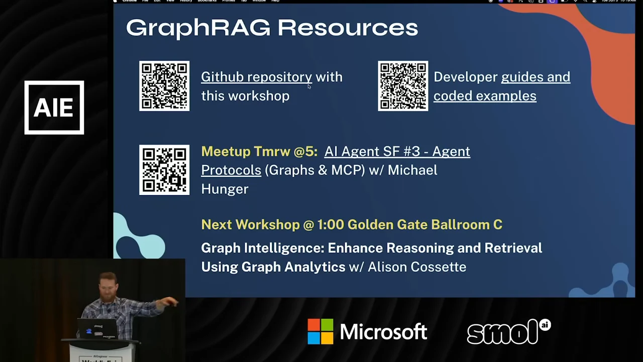 GraphRAG Resources slide with QR codes for the workshop repository, developer guides and a meetup, plus a graph analytics workshop announcement.