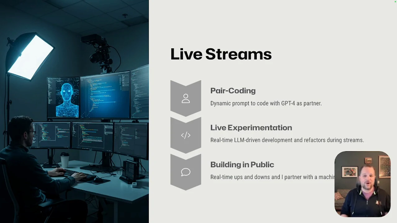 Live Streams slide listing three coding practices beside an illustrated workstation, with the speaker inset at bottom right.