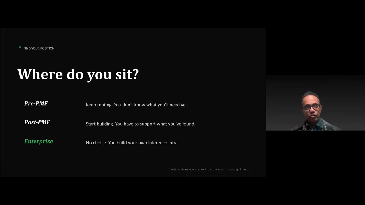 Black slide listing Pre-PMF: keep renting; Post-PMF: start building; Enterprise: build your own inference infrastructure. Speaker visible at right.