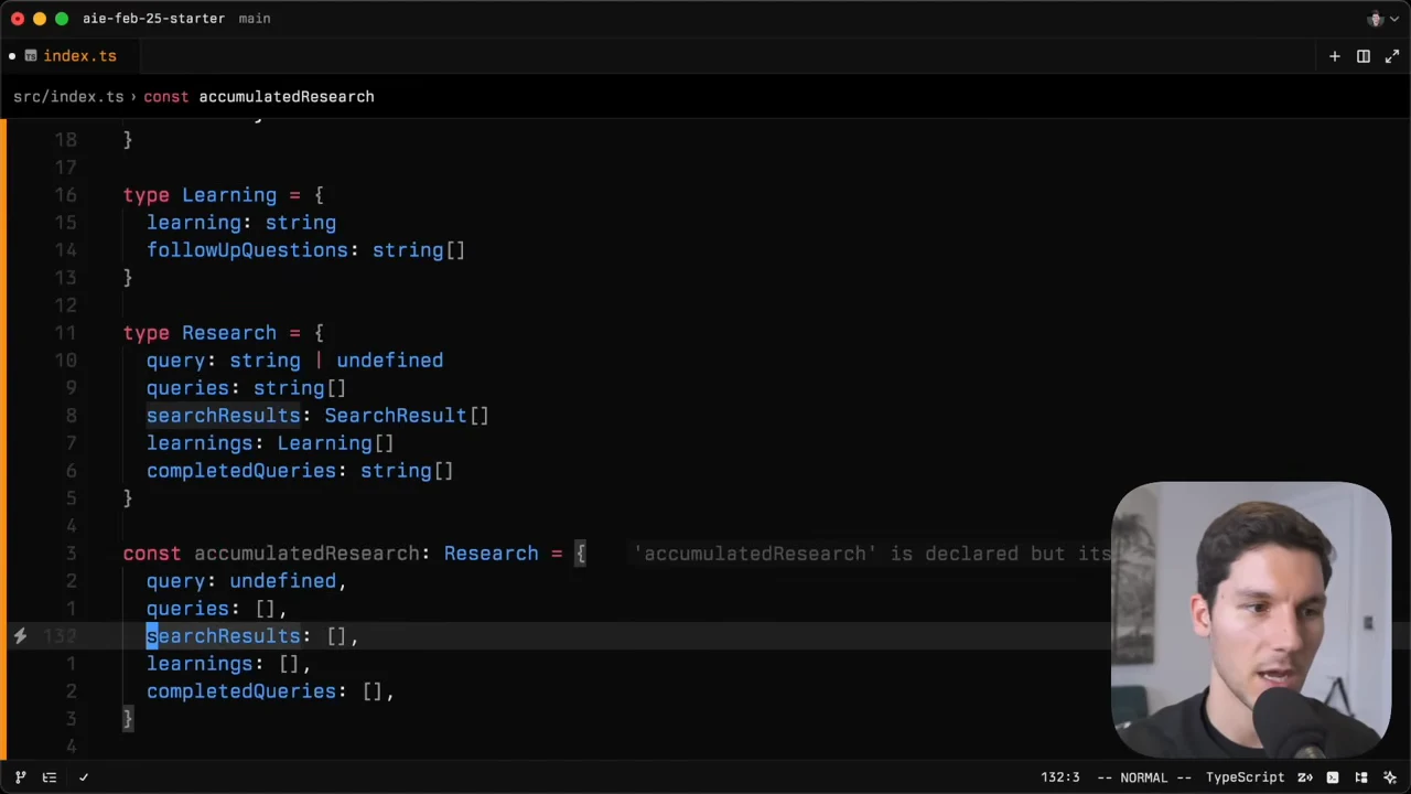 TypeScript editor showing Learning and Research types and an accumulatedResearch object with query undefined and empty queries, searchResults, learnings, and completedQueries arrays.