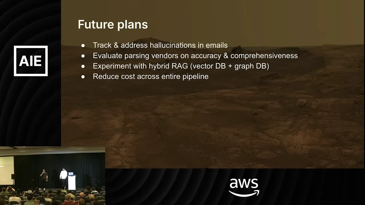 Future plans slide listing tracking email hallucinations, evaluating parsing vendors, experimenting with vector and graph databases, and reducing pipeline cost.