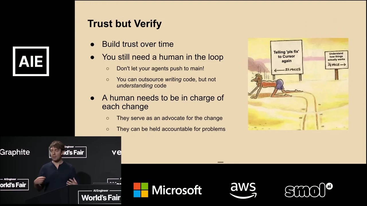“Trust but Verify” slide advocates building trust, keeping a human in the loop, and assigning responsibility for each change, alongside a fork-in-the-road cartoon.