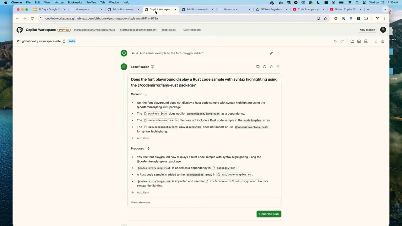 Copilot Workspace specification panel for the Monaspace Rust example issue, with Current and Proposed lists and a Generate plan button.
