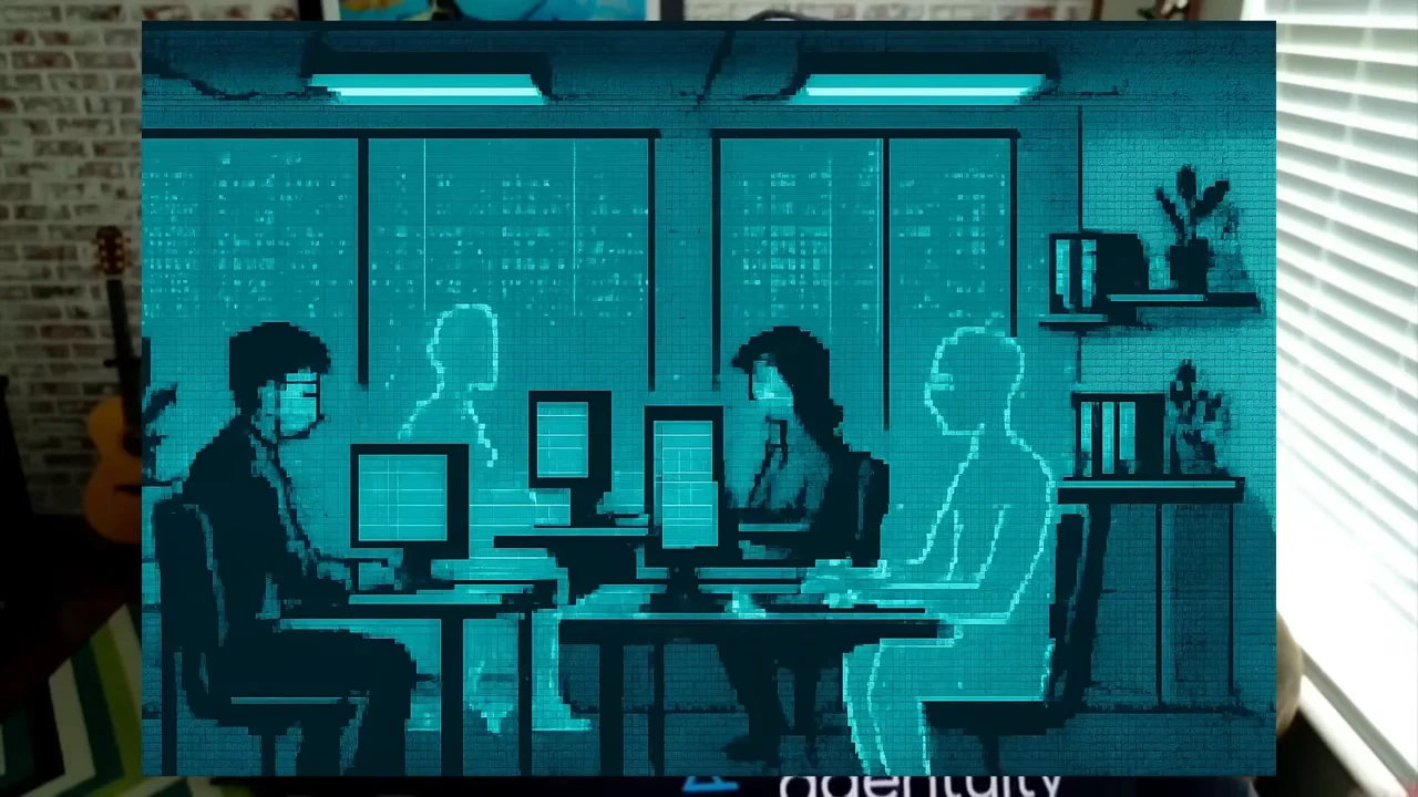 Teal pixel-art illustration of people and glowing outlined figures seated at computers around shared desks.