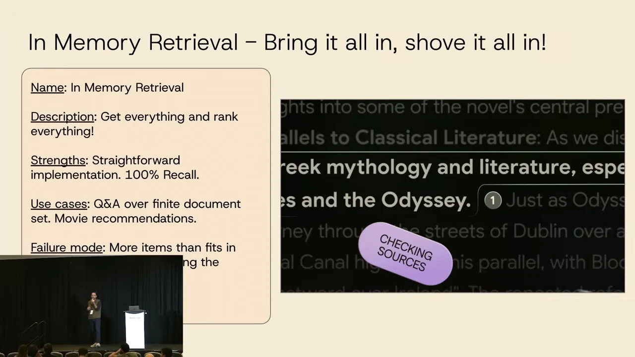 In-memory retrieval slide describing ranking everything, straightforward implementation and finite-document use cases, beside an example labeled “Checking sources.”