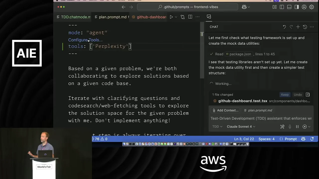 VS Code shows plan.prompt.md with agent mode, Perplexity in the tools list, and instructions to explore solutions without implementing.