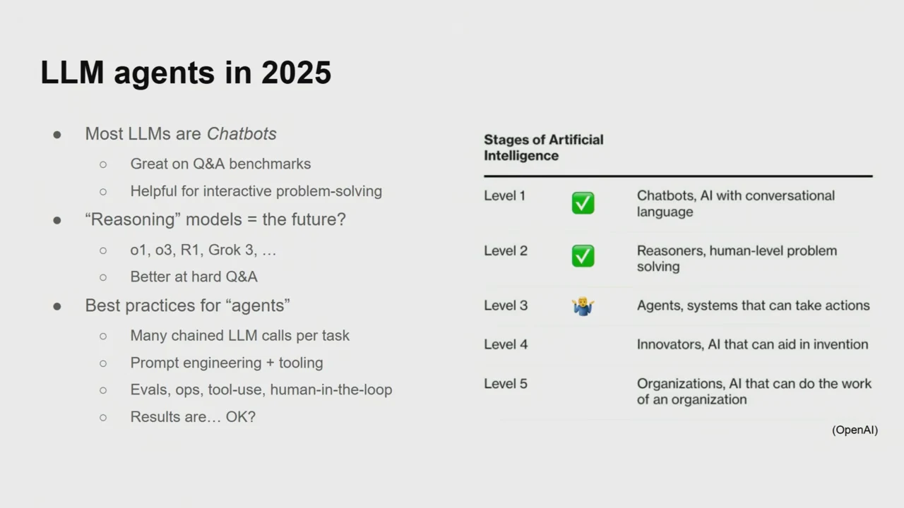 Slide listing chatbot and reasoning capabilities, agent engineering practices, and five stages of artificial intelligence.