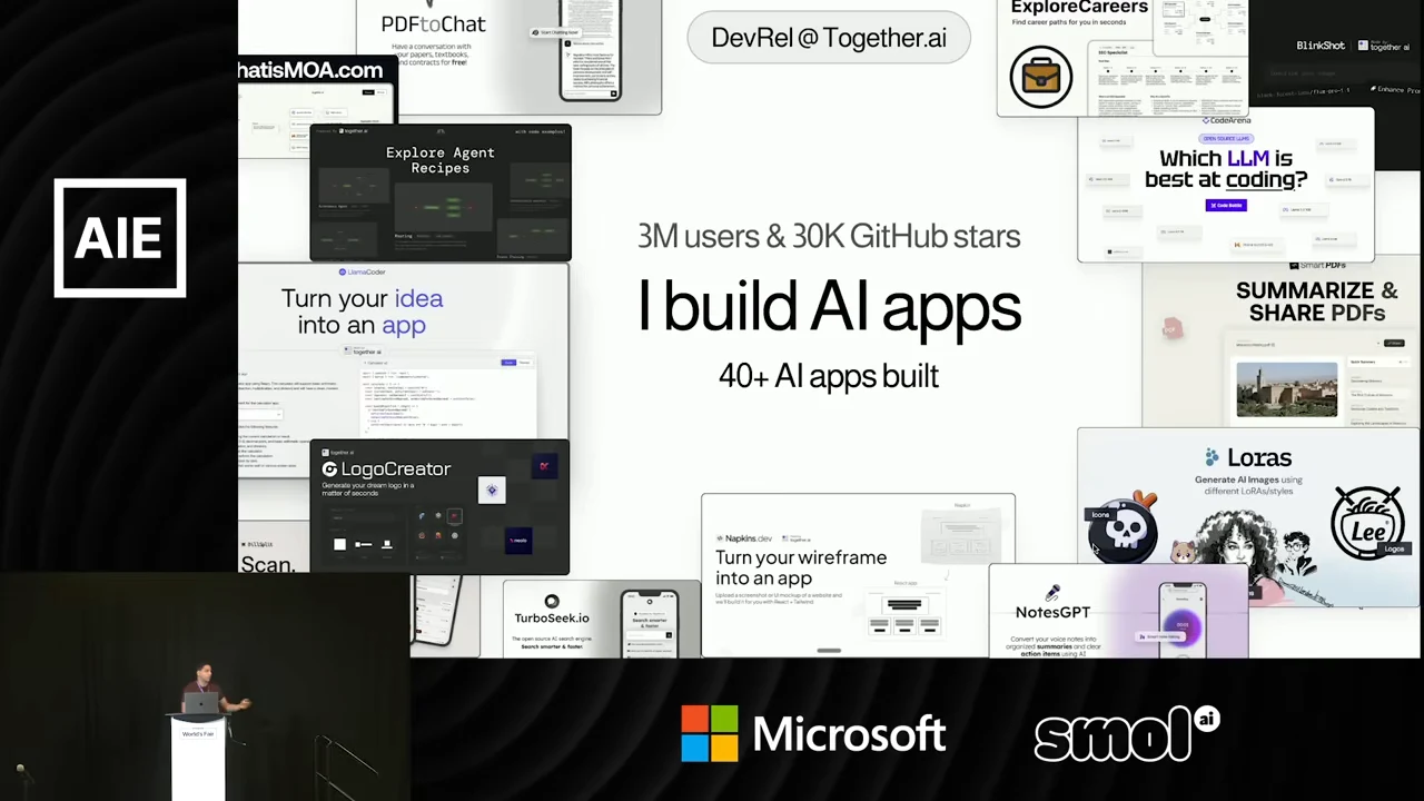 Slide headed “I build AI apps,” surrounded by screenshots of applications including PDFtoChat, LogoCreator, and NotesGPT.