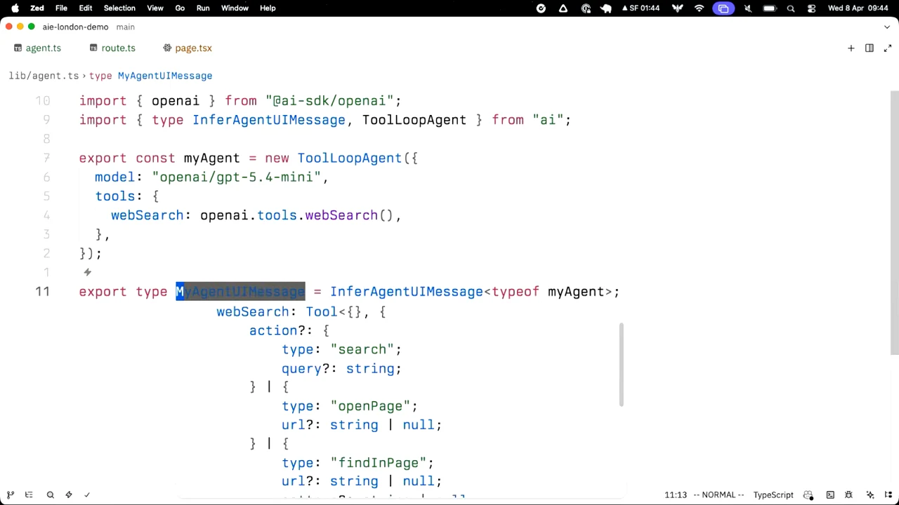 Editor showing InferAgentUIMessage applied to the agent, with a type tooltip listing web-search action variants.