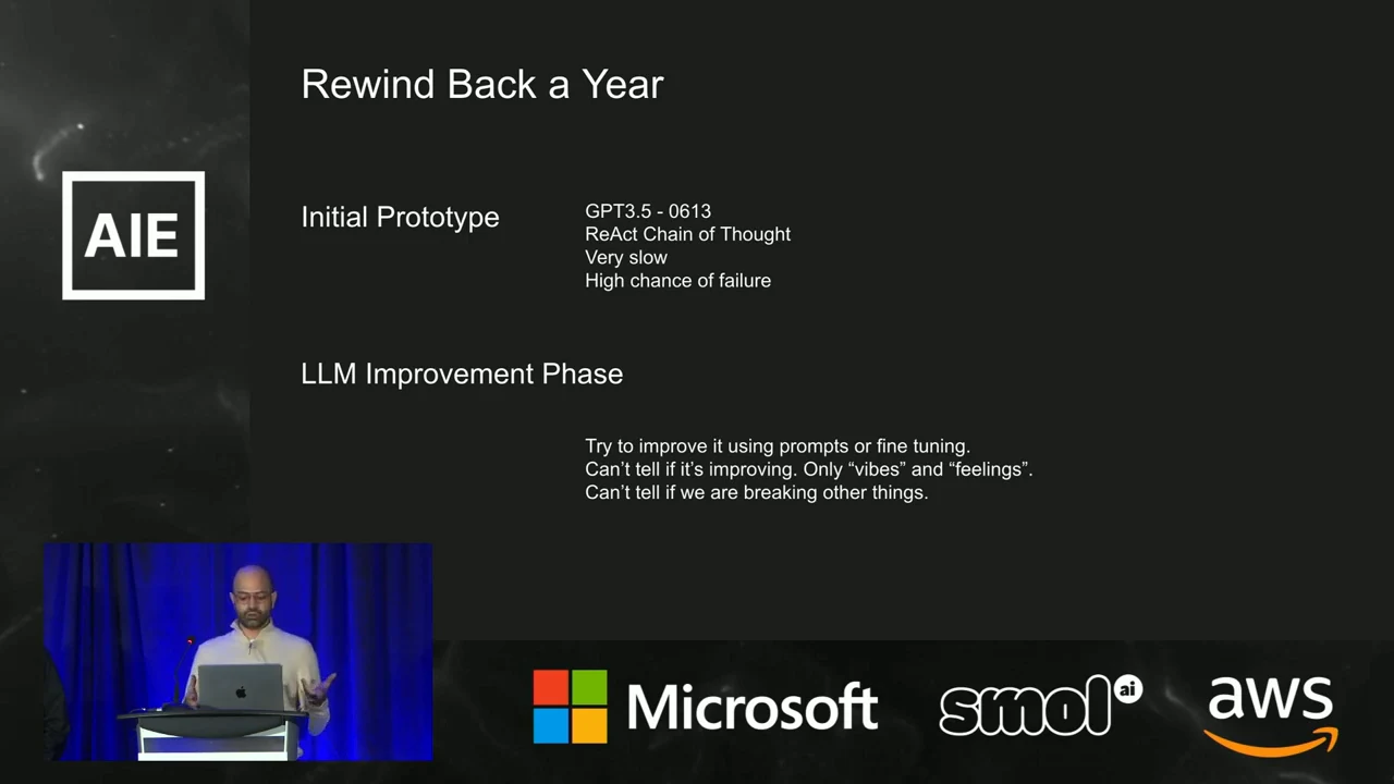 Rewind Back a Year slide lists a slow GPT-3.5 prototype with a high chance of failure, followed by an improvement phase unable to establish progress or detect breakage.