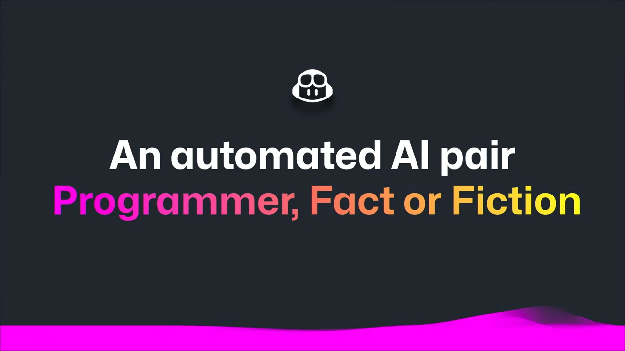 Dark slide with a Copilot icon above the text “An automated AI pair Programmer, Fact or Fiction” and a magenta wave along the bottom.