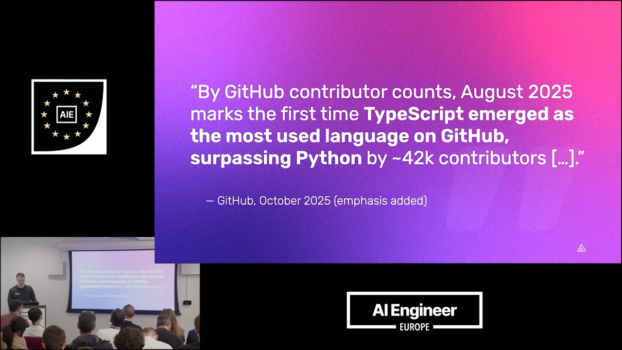 Purple gradient slide quoting GitHub on TypeScript becoming its most-used language in August 2025, surpassing Python by roughly 42,000 contributors.
