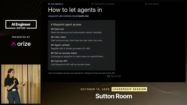 Recording frame at 3:03: auth.md describes the entrance; the API enforces access