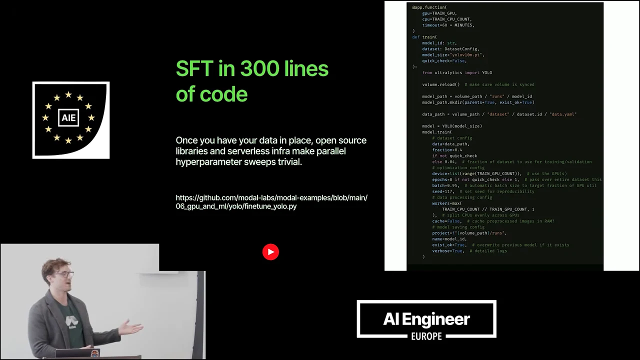 Slide titled “SFT in 300 lines of code,” with text about data readiness, open source libraries, serverless infrastructure, and parallel hyperparameter sweeps beside a code screenshot.
