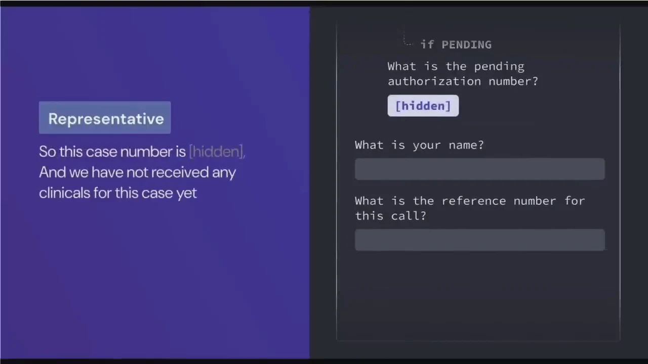 Demo showing the representative's statement that no clinicals have been received, beside a script with a hidden pending authorization number and unanswered name and call-reference fields.