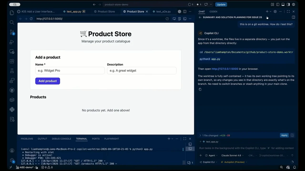 VS Code browser preview showing a styled Product Store page with name and description fields, an Add product button, and an empty products list.