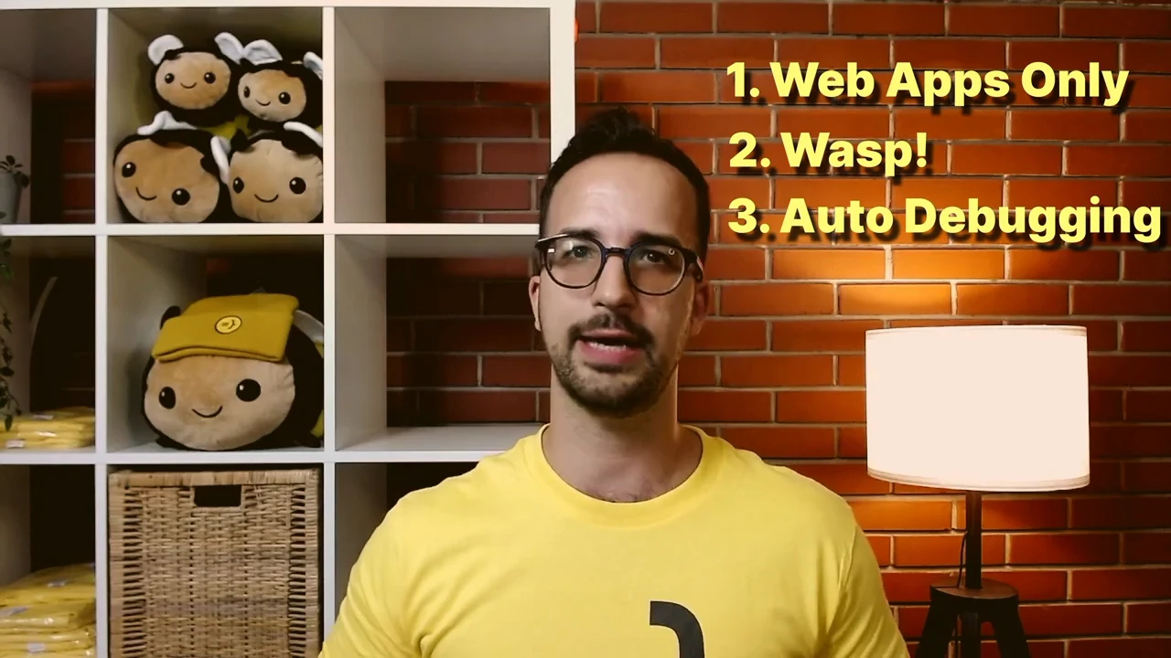 Presenter beside the complete yellow list: 1. Web Apps Only, 2. Wasp!, 3. Auto Debugging.