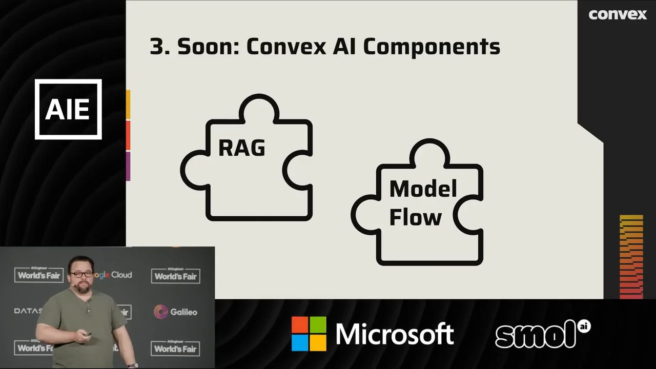 Slide titled “3. Soon: Convex AI Components” with two puzzle pieces labeled RAG and Model Flow.