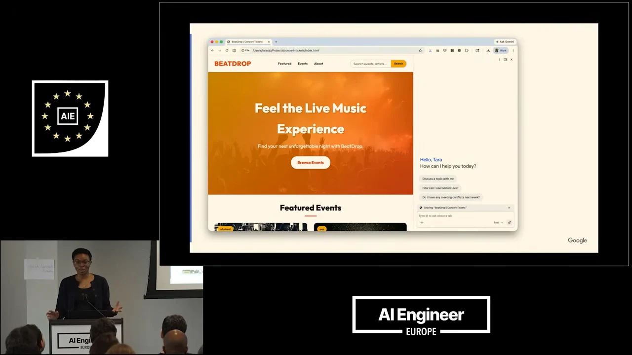 A browser displays BeatDrop’s orange live-music homepage, featured events, and an assistant panel on the right.