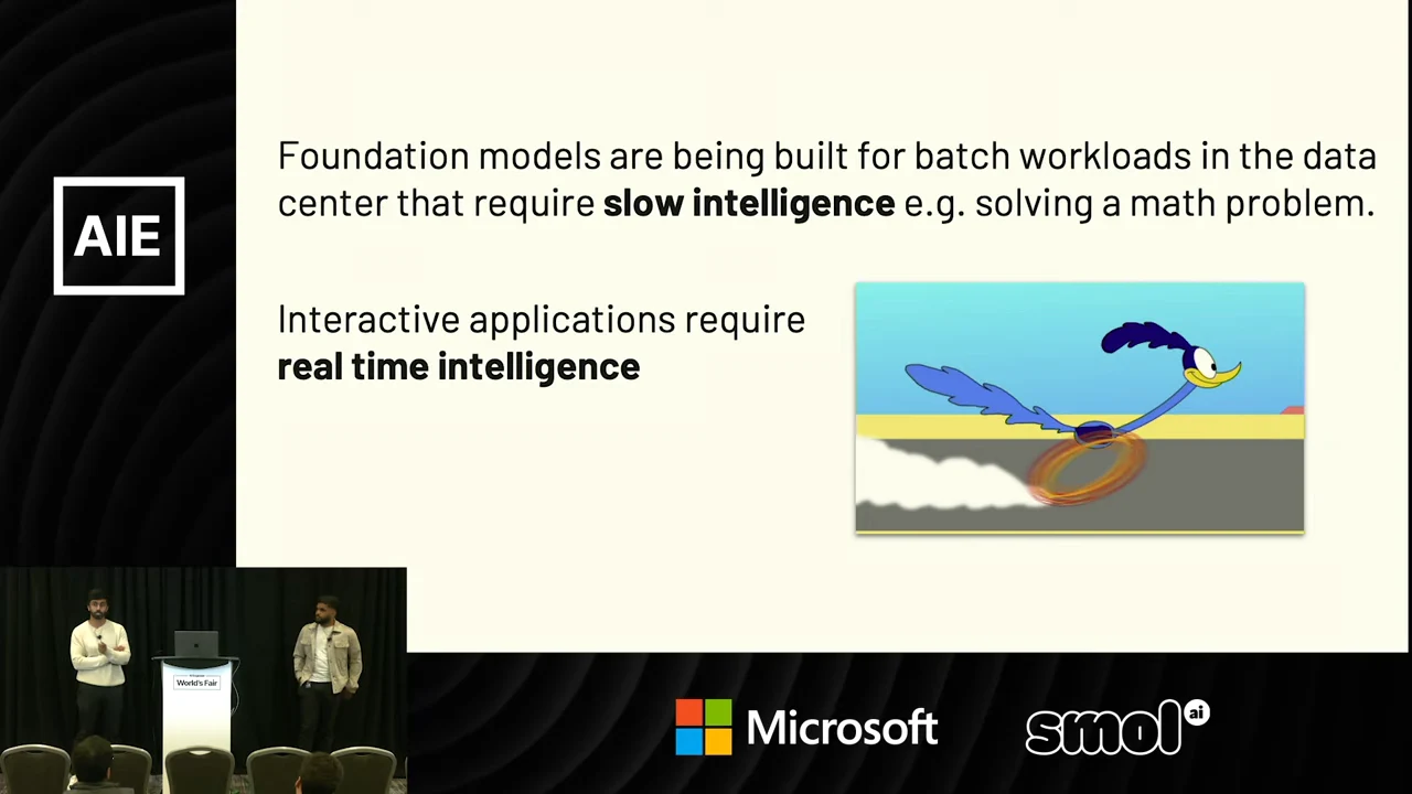 Slide contrasts batch foundation-model workloads with real-time interactive applications, alongside a running Road Runner illustration.