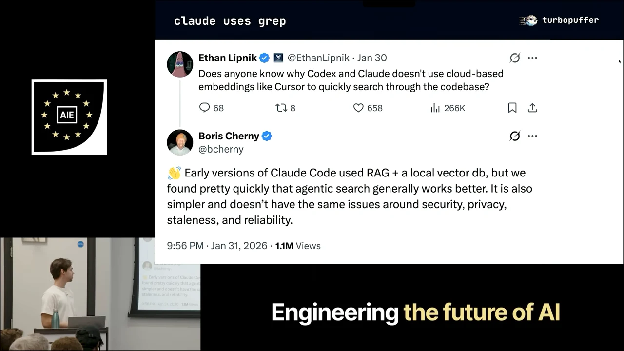 A slide titled “claude uses grep” shows Ethan Lipnik’s question about embeddings and Boris Cherny’s reply that early Claude Code used RAG with a local vector database but agentic search worked better.