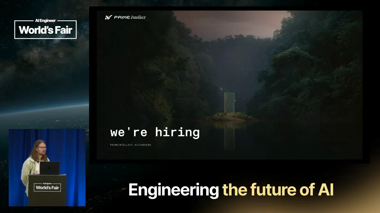 Prime Intellect slide reading “we’re hiring” over a forest and lake scene, with a careers address beneath.