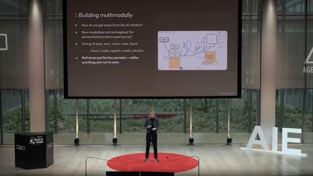 Stage view showing a slide titled “5 Building multimodally,” with bullets about sensory capabilities and personalized experiences beside a canvas of connected boxes and drawn strokes.