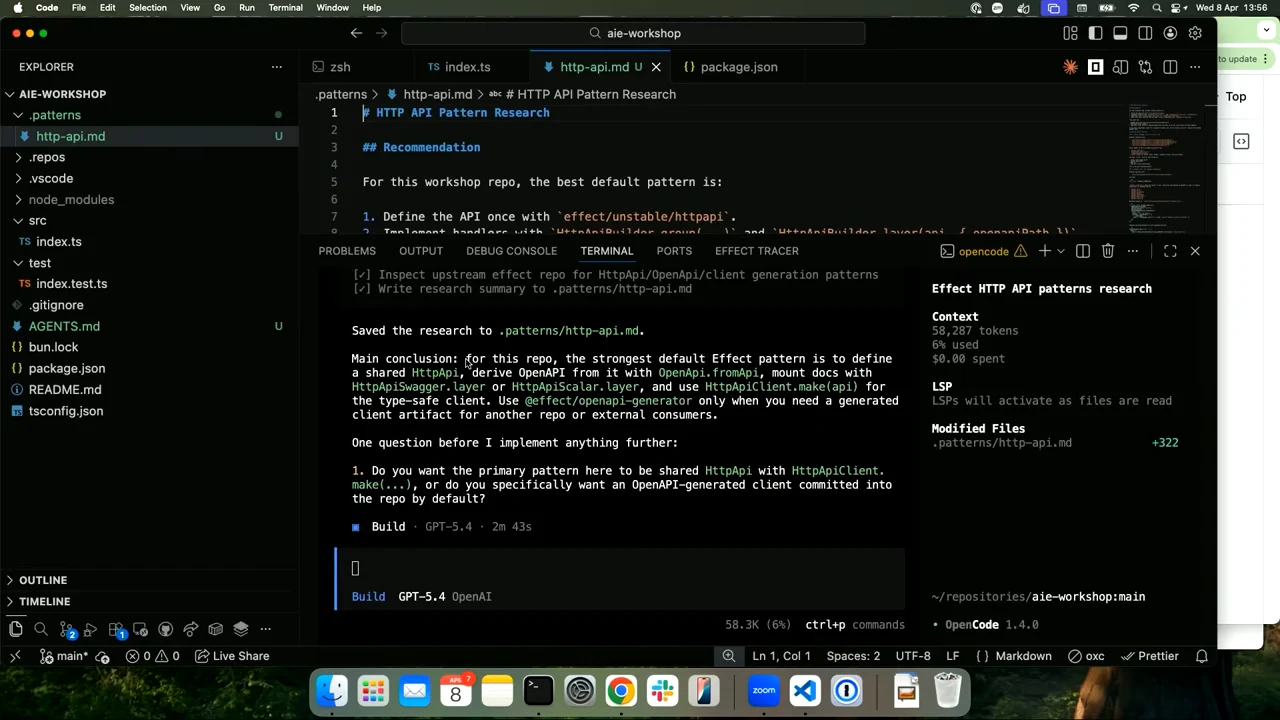 VS Code displays HTTP API Pattern Research above an OpenCode response reporting saved research and summarizing its recommendation.