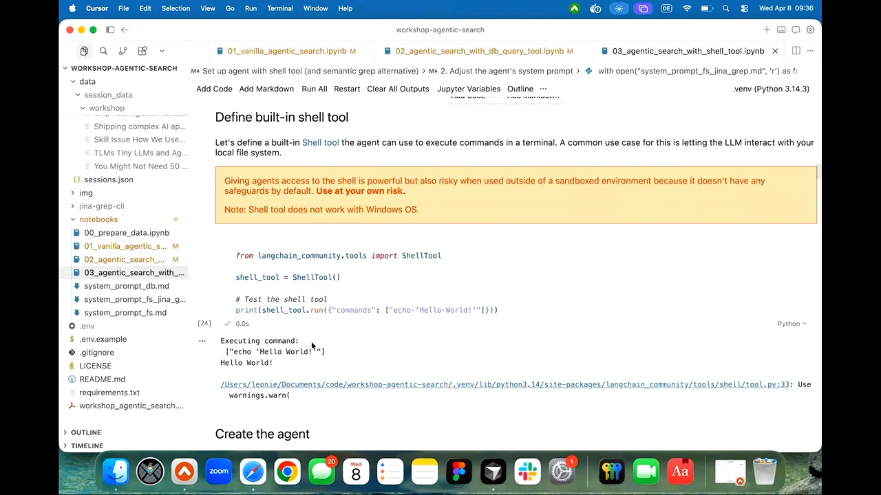 Notebook section defining a built-in shell tool, with an orange warning about unsandboxed access, Python setup code, and Hello World output.