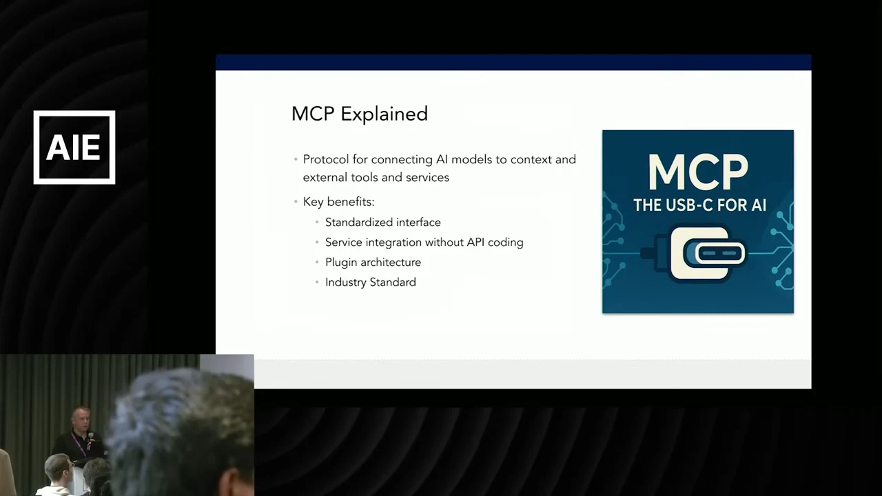 MCP Explained slide with four benefits and an illustration labeled MCP, the USB-C for AI.