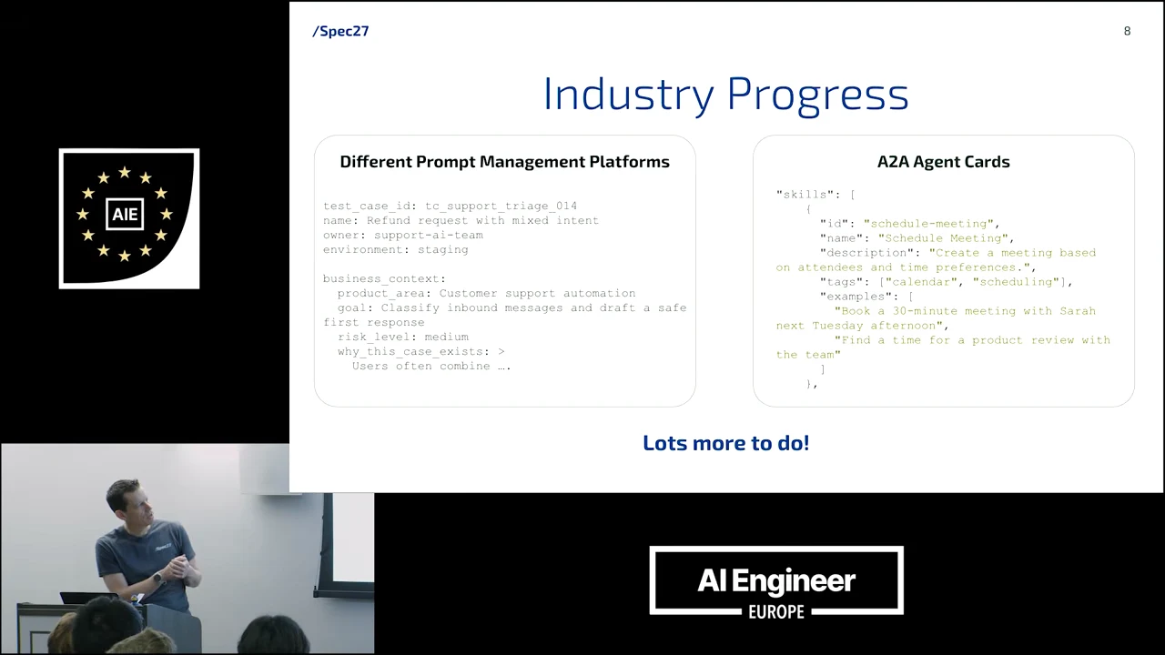 “Industry Progress” slide shows two example panels labeled “Different Prompt Management Platforms” and “A2A Agent Cards,” with “Lots more to do!” below.