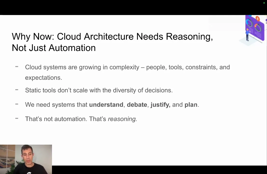 Slide lists growing cloud complexity, the limits of static tools, and the need for systems that understand, debate, justify, and plan.