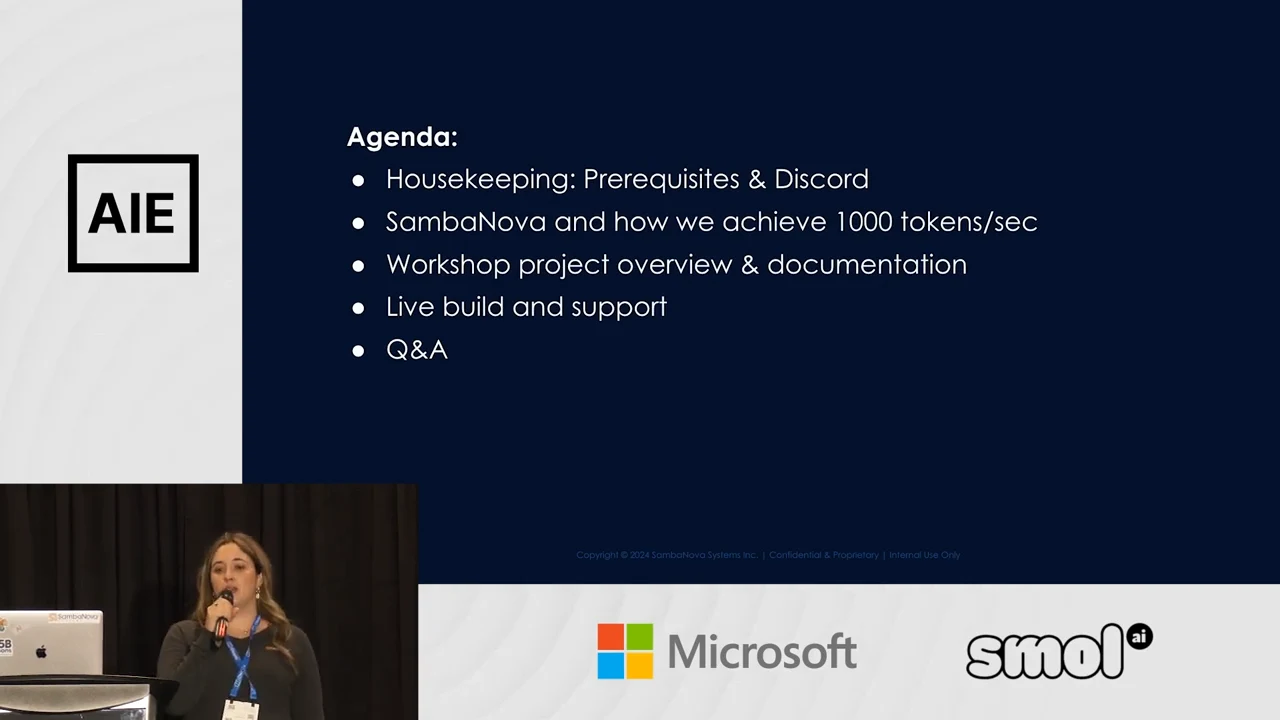 Agenda slide listing prerequisites and Discord, SambaNova and 1000 tokens/sec, workshop project overview and documentation, live build and support, and Q&A.