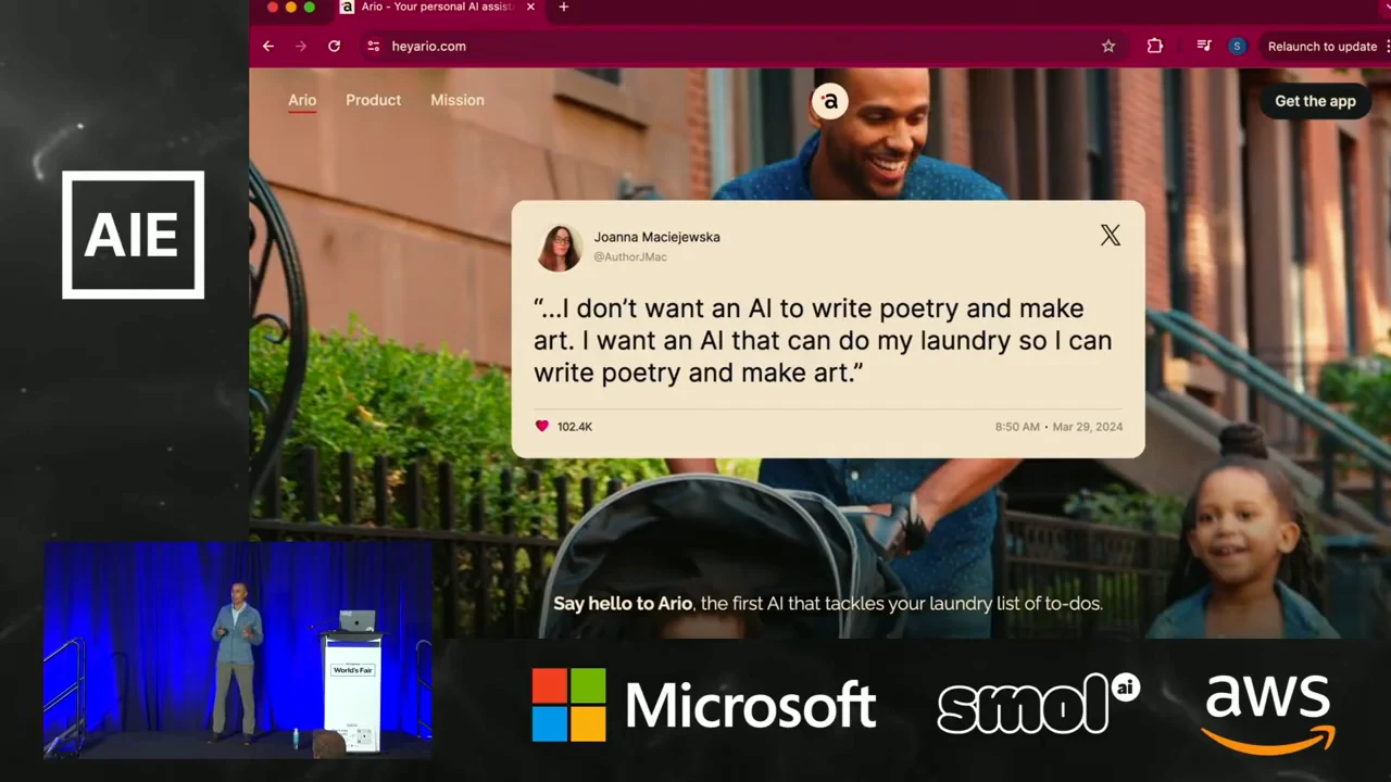 A quote card over a family photograph on Ario’s homepage contrasts AI making art with AI doing laundry.