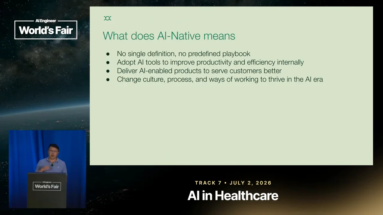 Slide listing no single definition or predefined playbook, internal AI tools, AI-enabled customer products, and changes to culture, process, and ways of working.